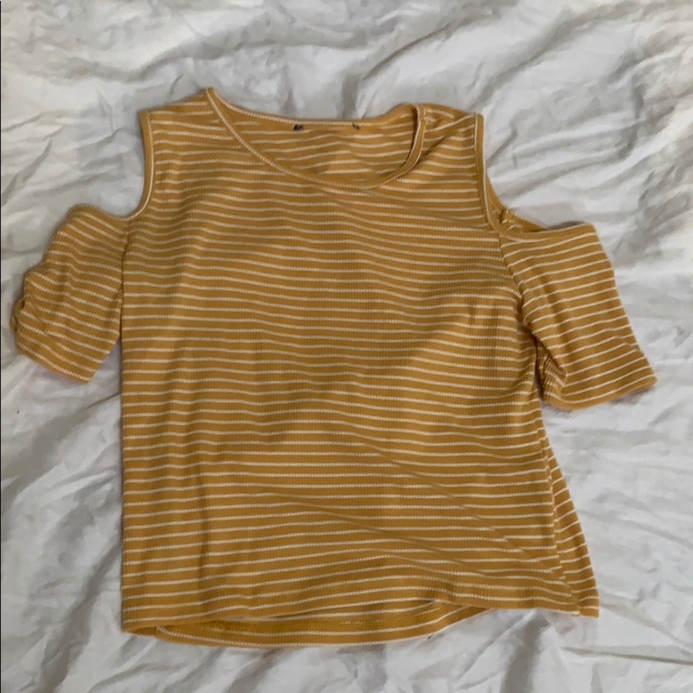 Off the shoulder yellow and white striped crop top